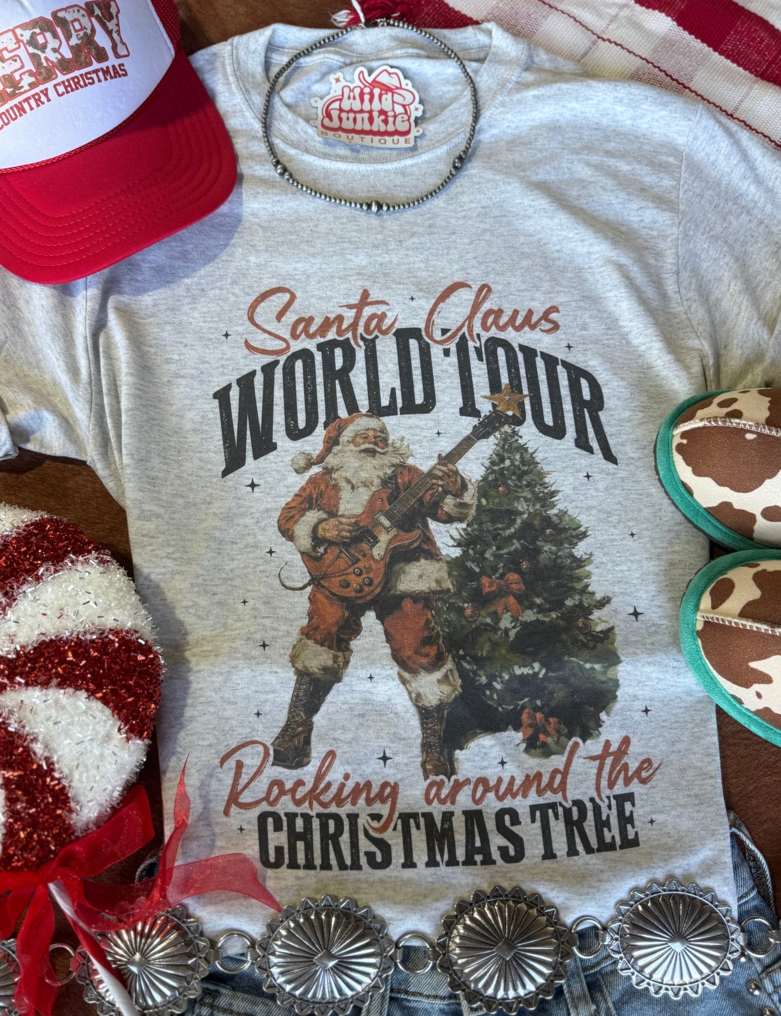 Santa Rocking Around The Christmas Tree Graphic TeeHeather OatmealS