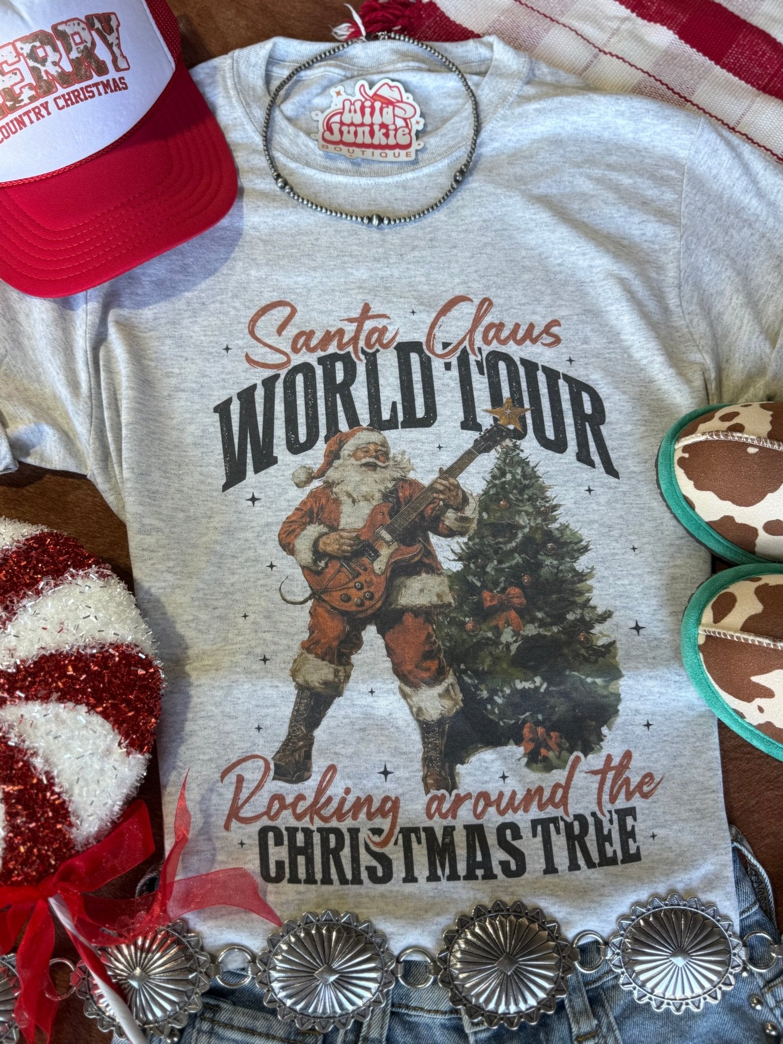 Santa Rocking Around The Christmas Tree Graphic TeeHeather OatmealS