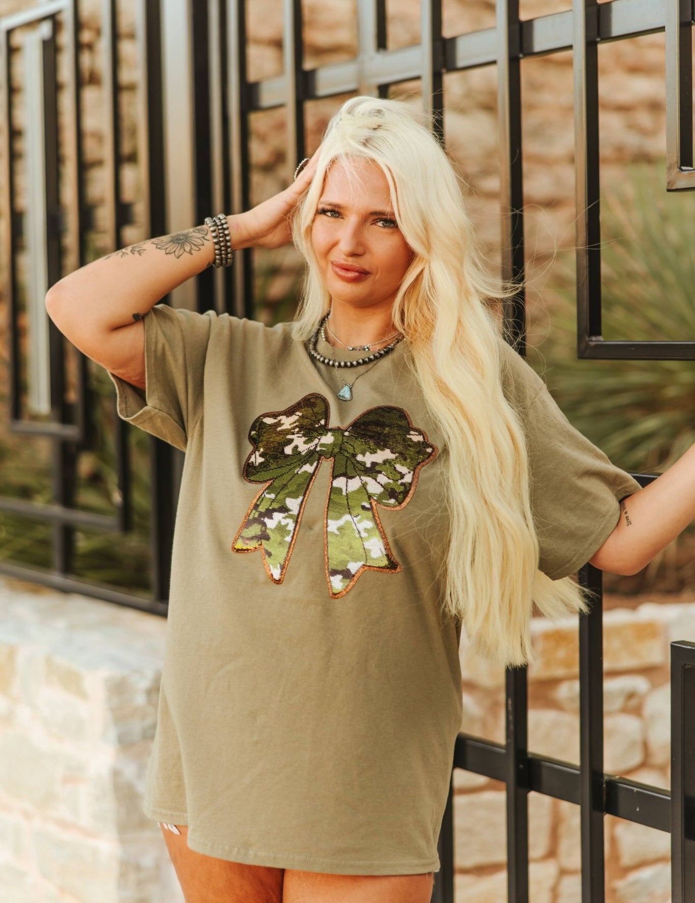 Sequin Camo Bow Graphic TeeOlive GreenS