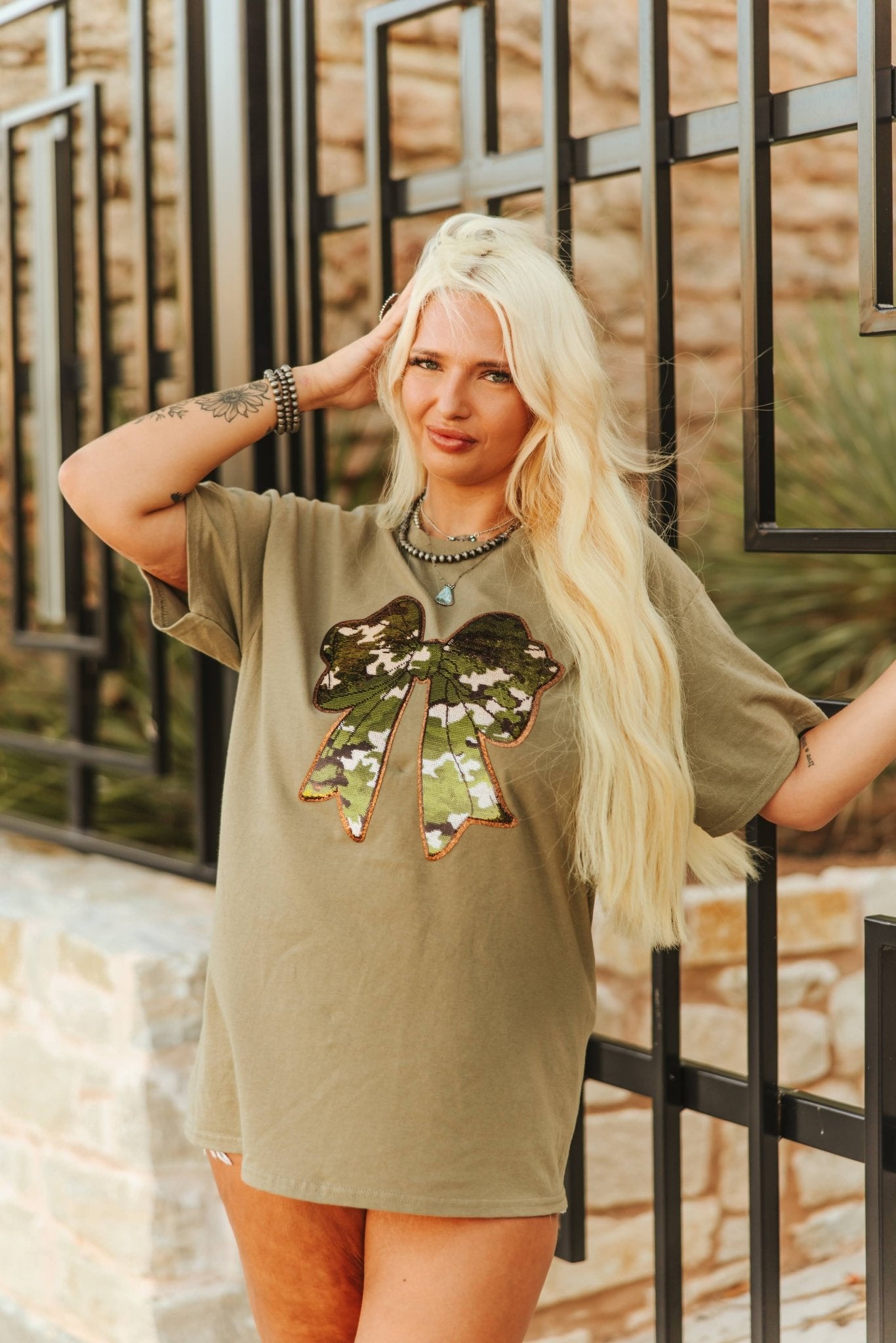 Sequin Camo Bow Graphic TeeOlive GreenS