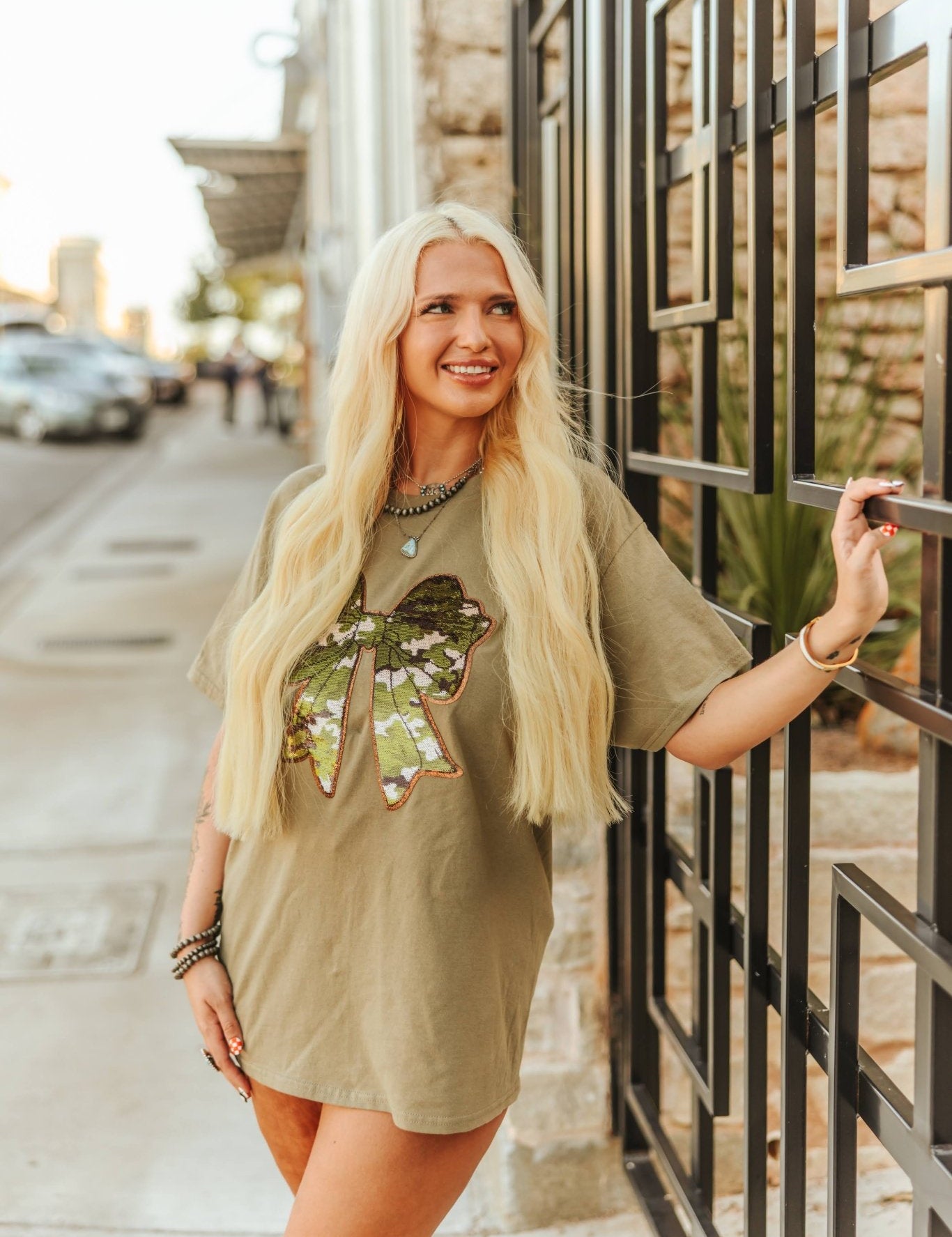 Sequin Camo Bow Graphic TeeOlive GreenS