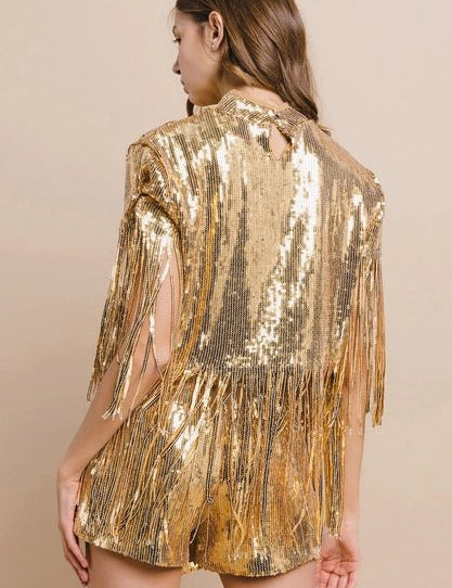 Sequin Fringe Poncho Top - GoldS