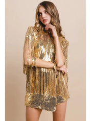 Sequin Fringe Poncho Top - GoldS