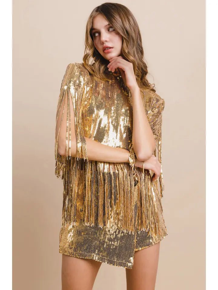 Sequin Fringe Poncho Top - GoldS