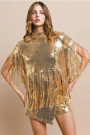 Sequin Fringe Poncho Top - GoldS