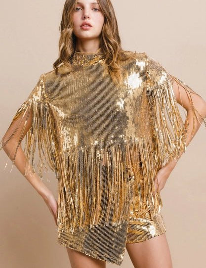 Sequin Fringe Poncho Top - GoldS