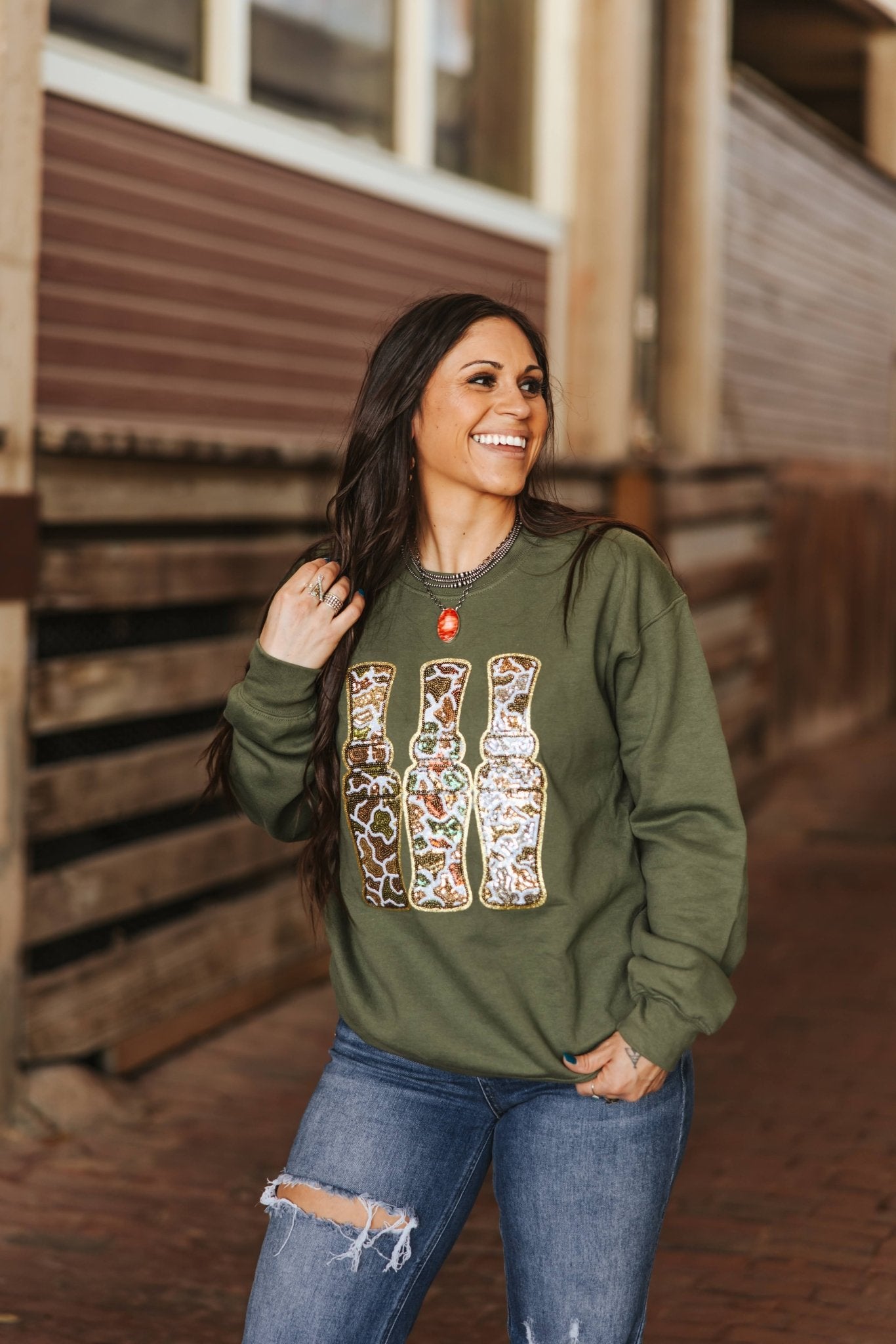 Sequin Hunting Duck Calls Patch SweaterMilitary GreenS