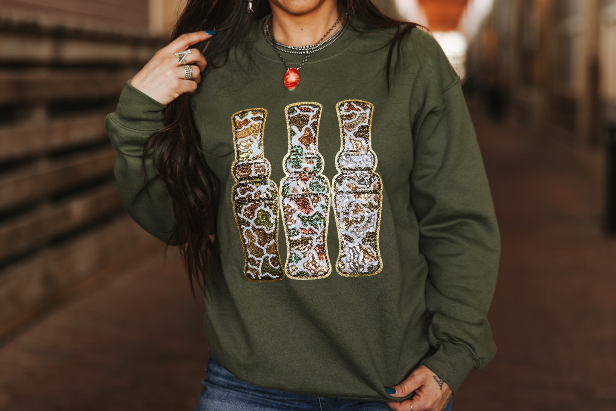 Sequin Hunting Duck Calls Patch SweaterMilitary GreenS
