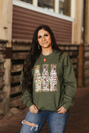 Sequin Hunting Duck Calls Patch SweaterMilitary GreenS