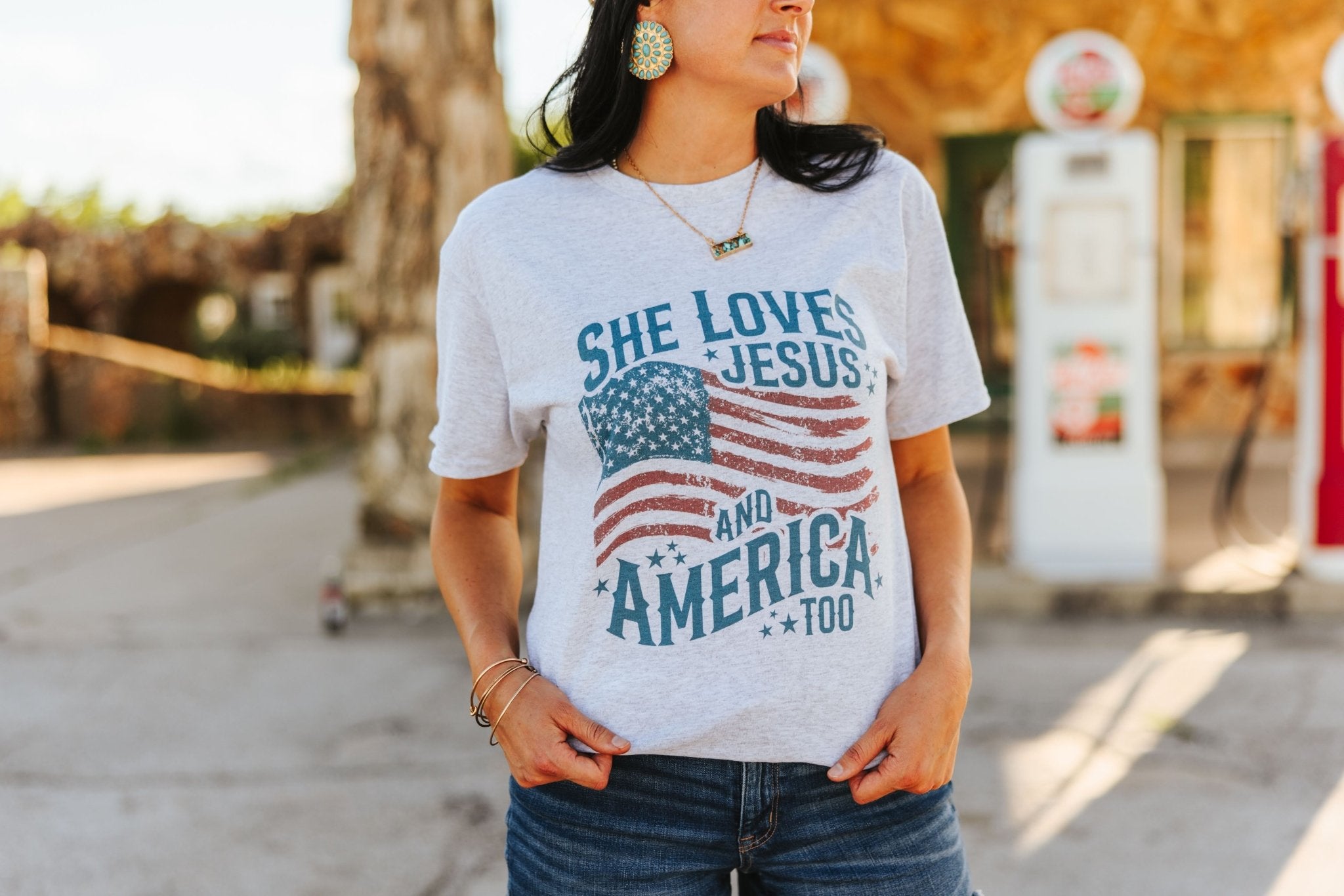 She Loves Jesus & America Graphic TeeLight AshS