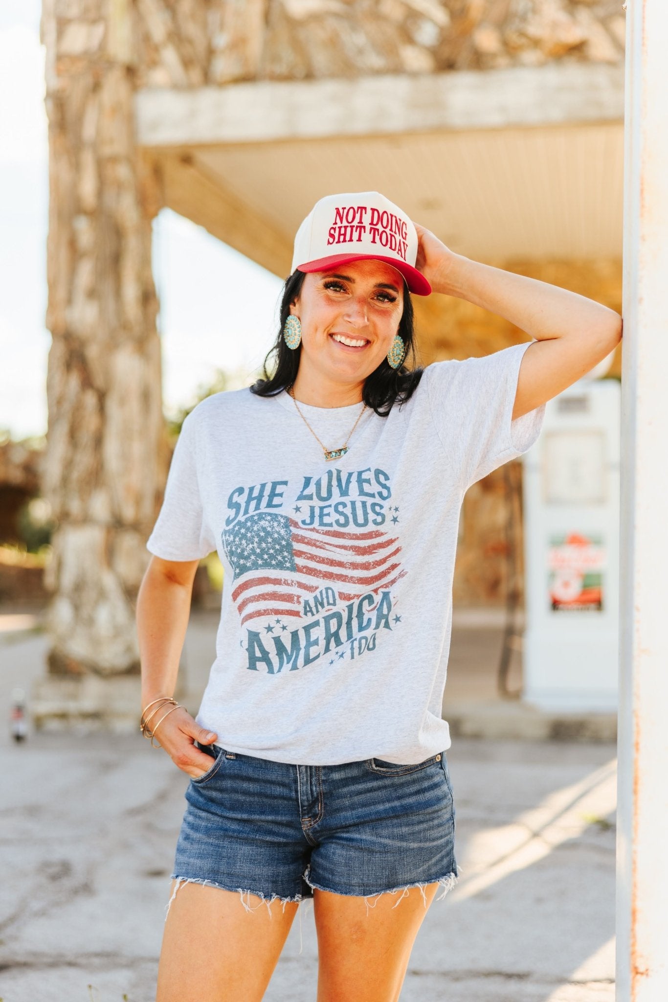 She Loves Jesus & America Graphic TeeLight AshS
