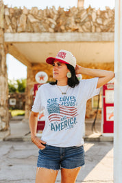 She Loves Jesus & America Graphic TeeLight AshS