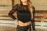 Sheer Long Sleeve Fringe Crop TopBlackS