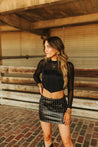 Sheer Long Sleeve Fringe Crop TopBlackS