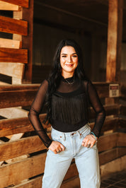 Sheer Long Sleeve Fringe Crop TopWhiteS