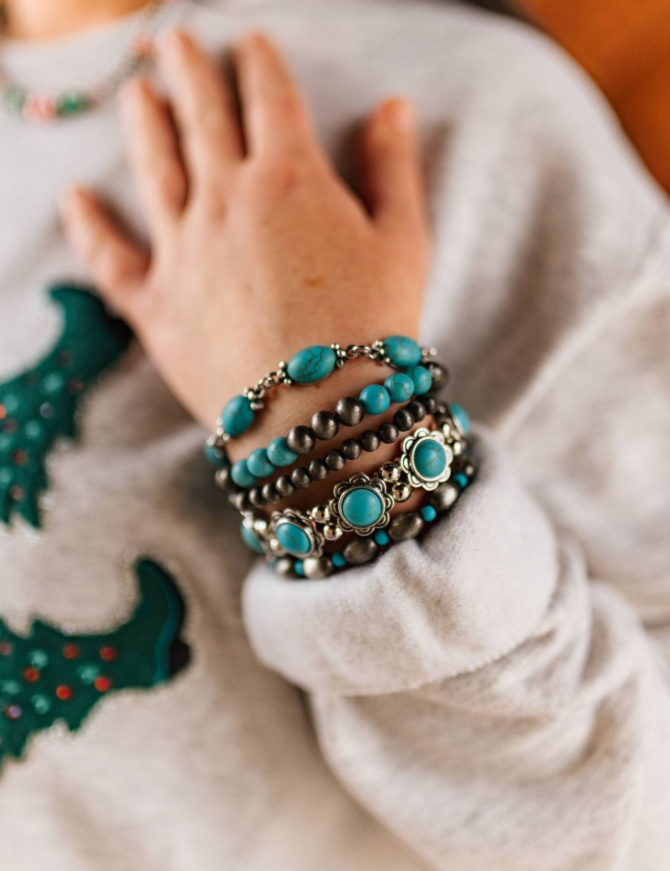 Silver and Turquoise Bloom Bracelet Stack