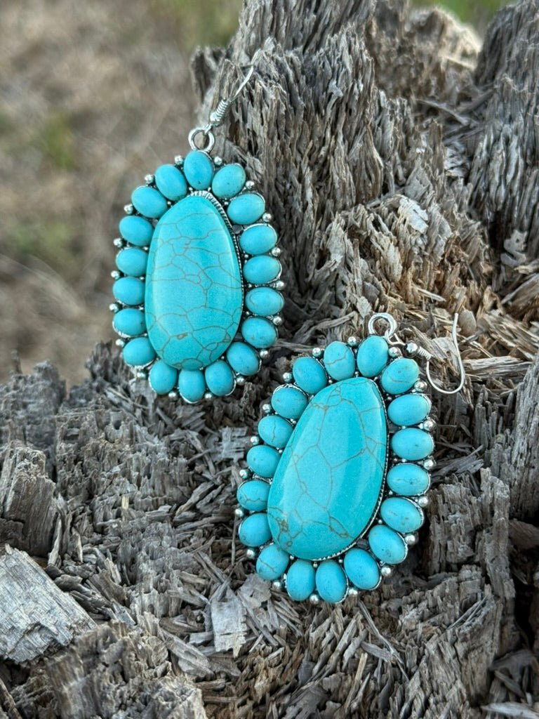 Silver And Turquoise Squash Blossom Dangle Earrings