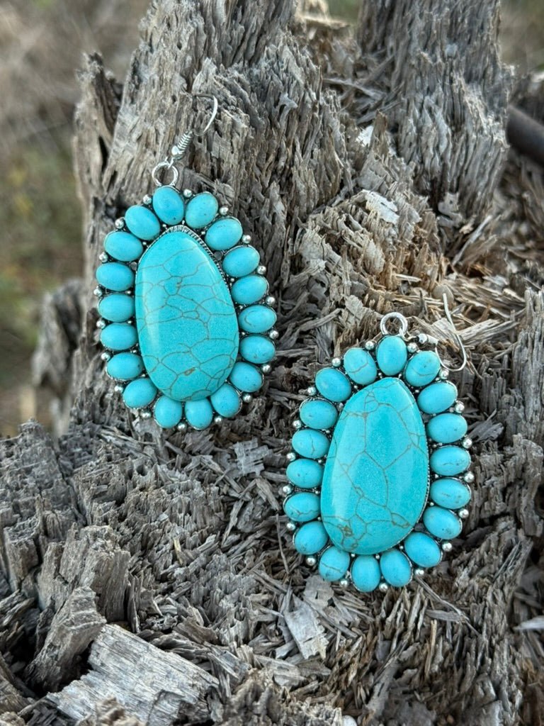 Silver And Turquoise Squash Blossom Dangle Earrings