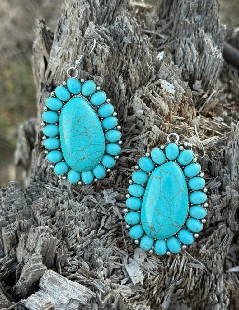 Silver And Turquoise Squash Blossom Dangle Earrings