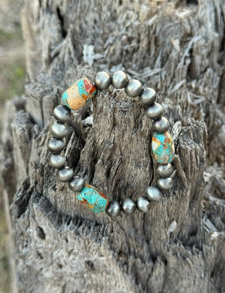 Silver Beaded Turquoise Stretch Bracelet