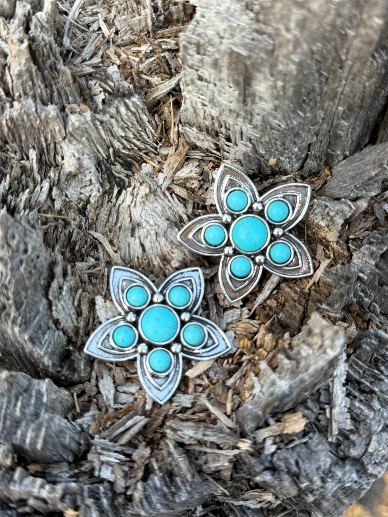 Silver Bloom Turquoise Flower Stud Earrings