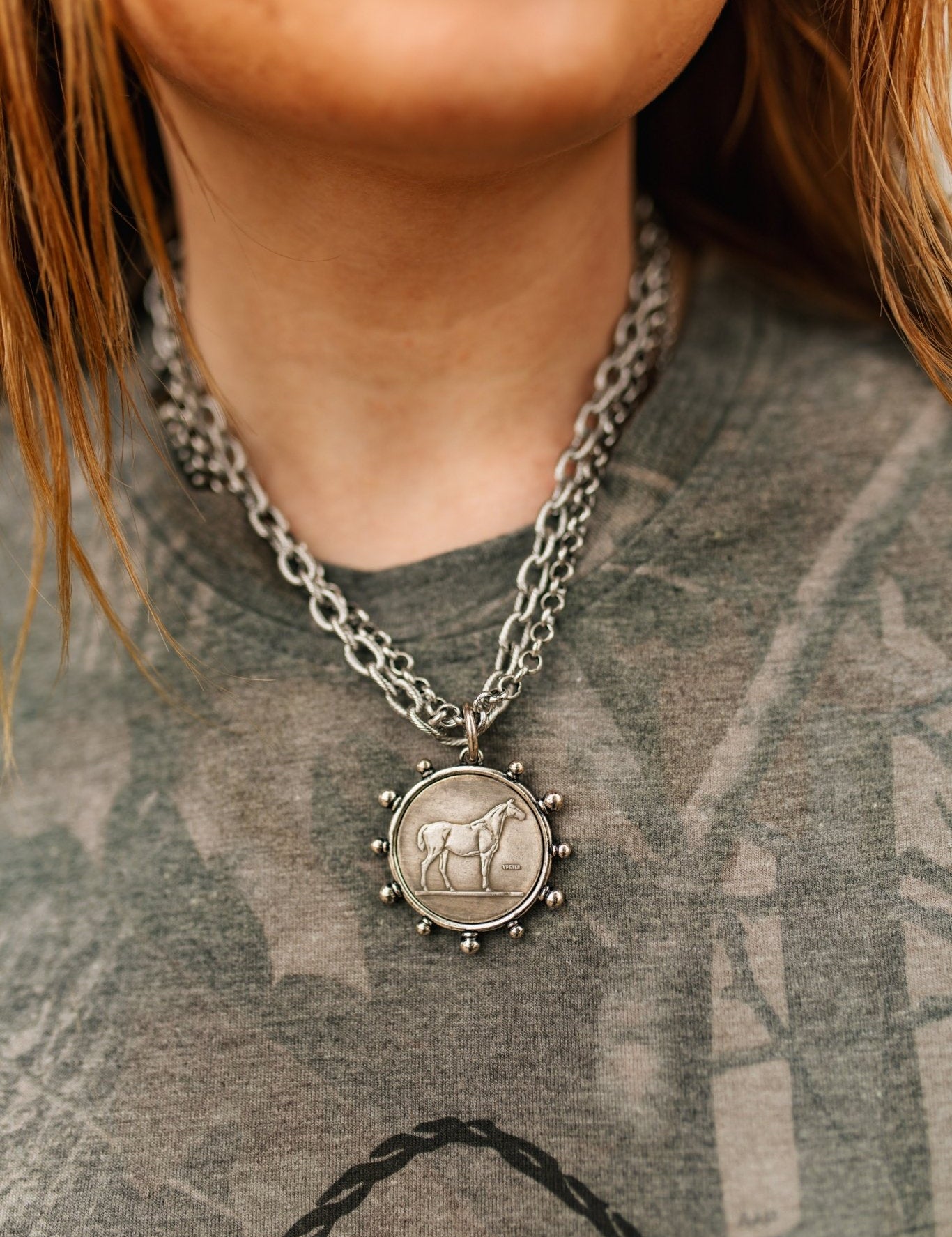 Silver Horse Coin Double Chain Necklace