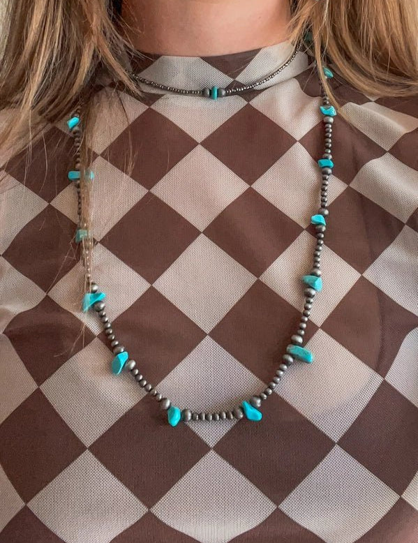 Silver Pearl and Turquoise Chips Necklace