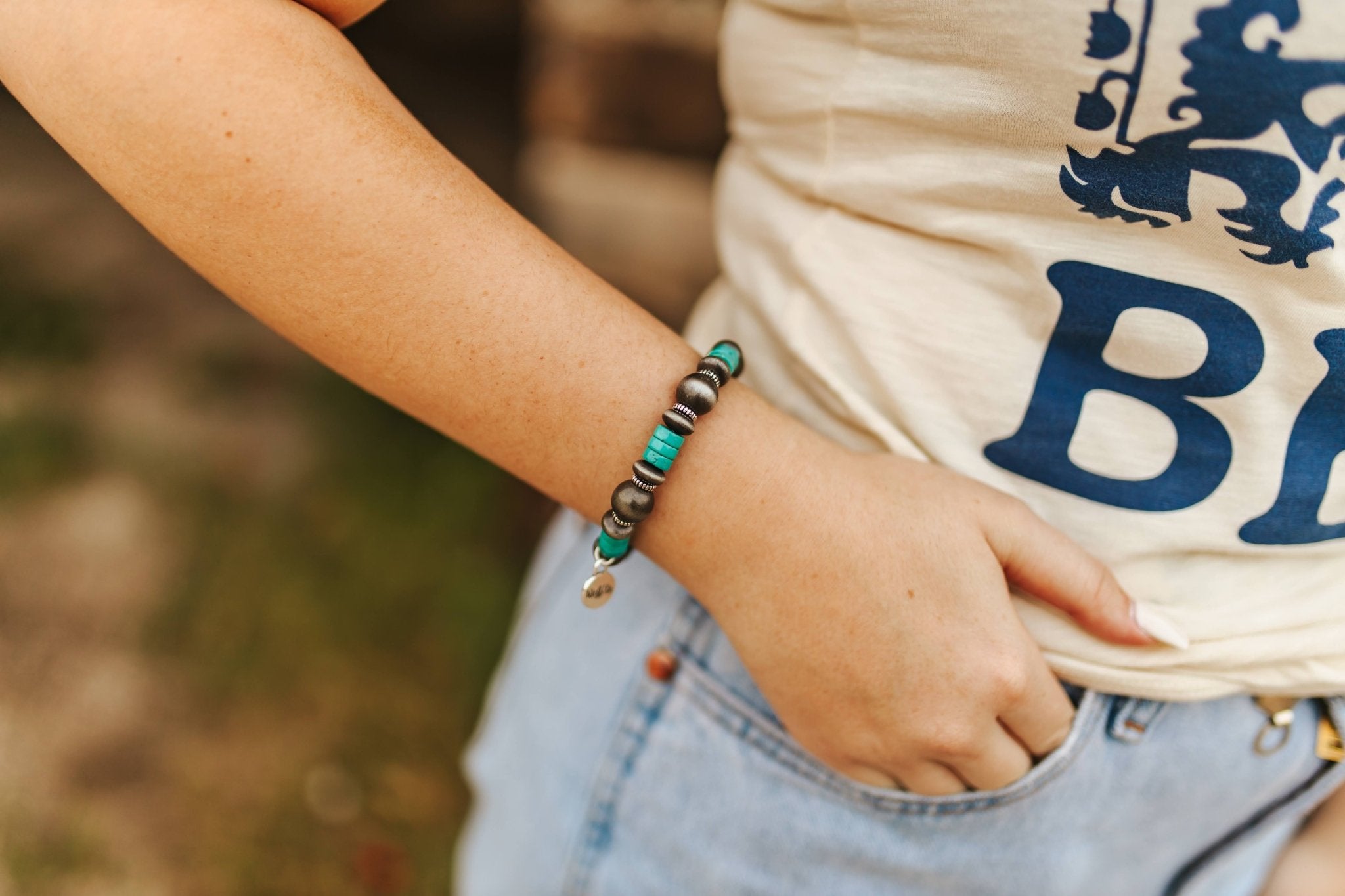 Silver Pearl and Turquoise Rondelle Stretch BraceletSilverOS