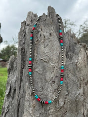 Silver Pearl Multi - Color Stone Beads Necklace