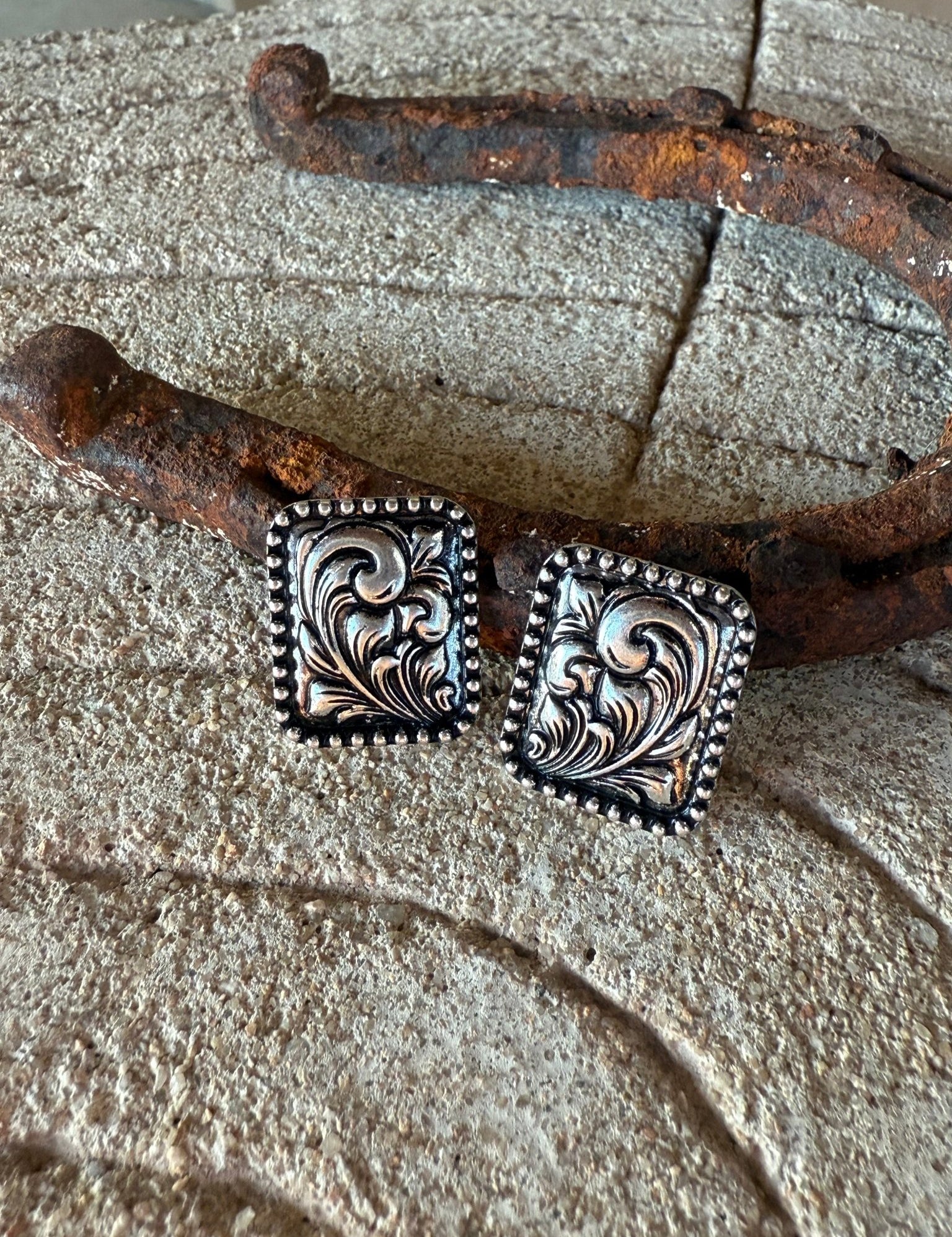 Silver Tooled Square Studs