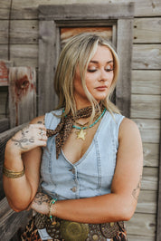 Sleeveless Button Down V - Neck Denim VestS