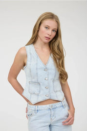 Sleeveless Button Down V - Neck Denim VestS