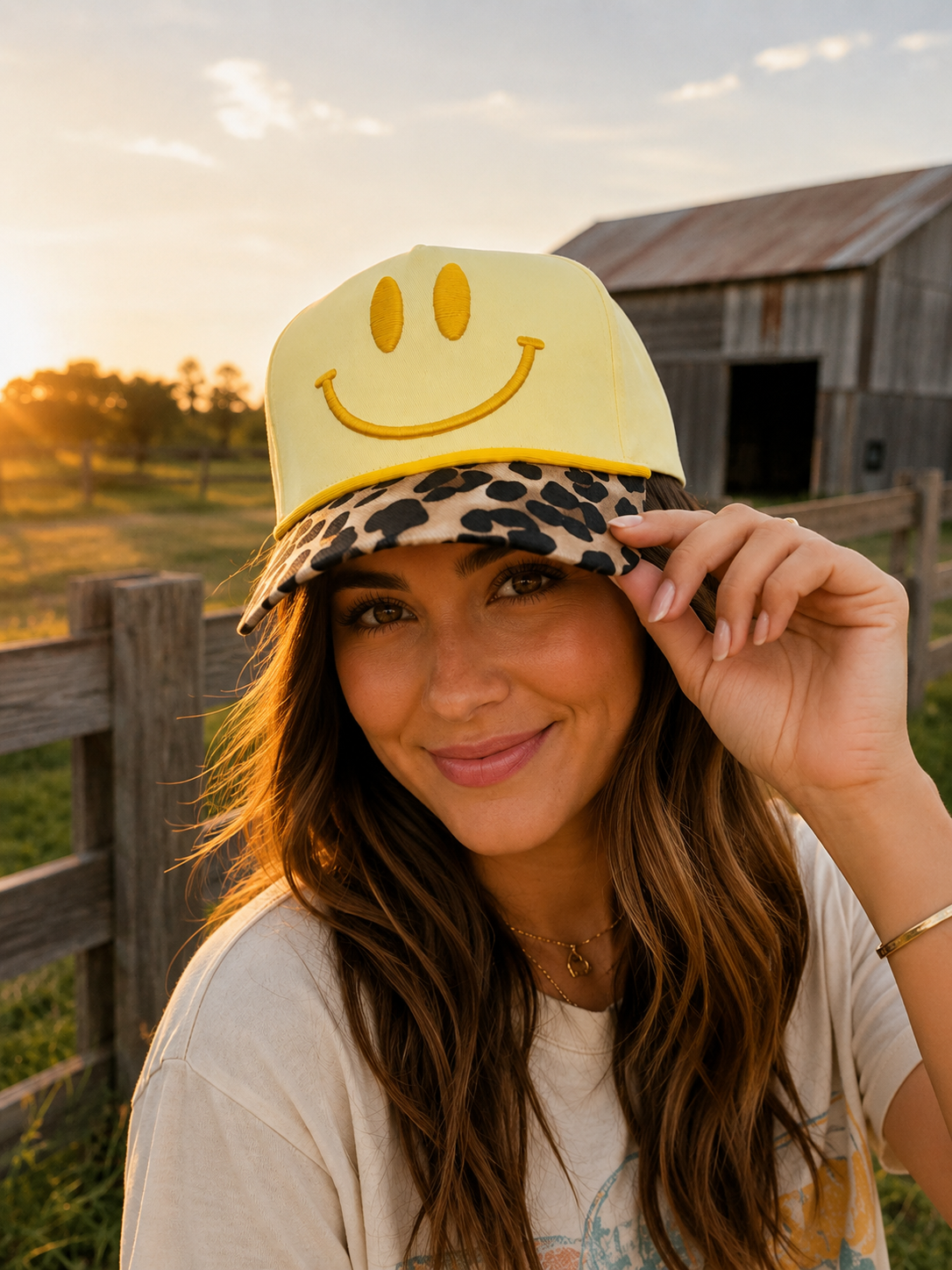 Smiley Embroidered Leopard Trucker Hat