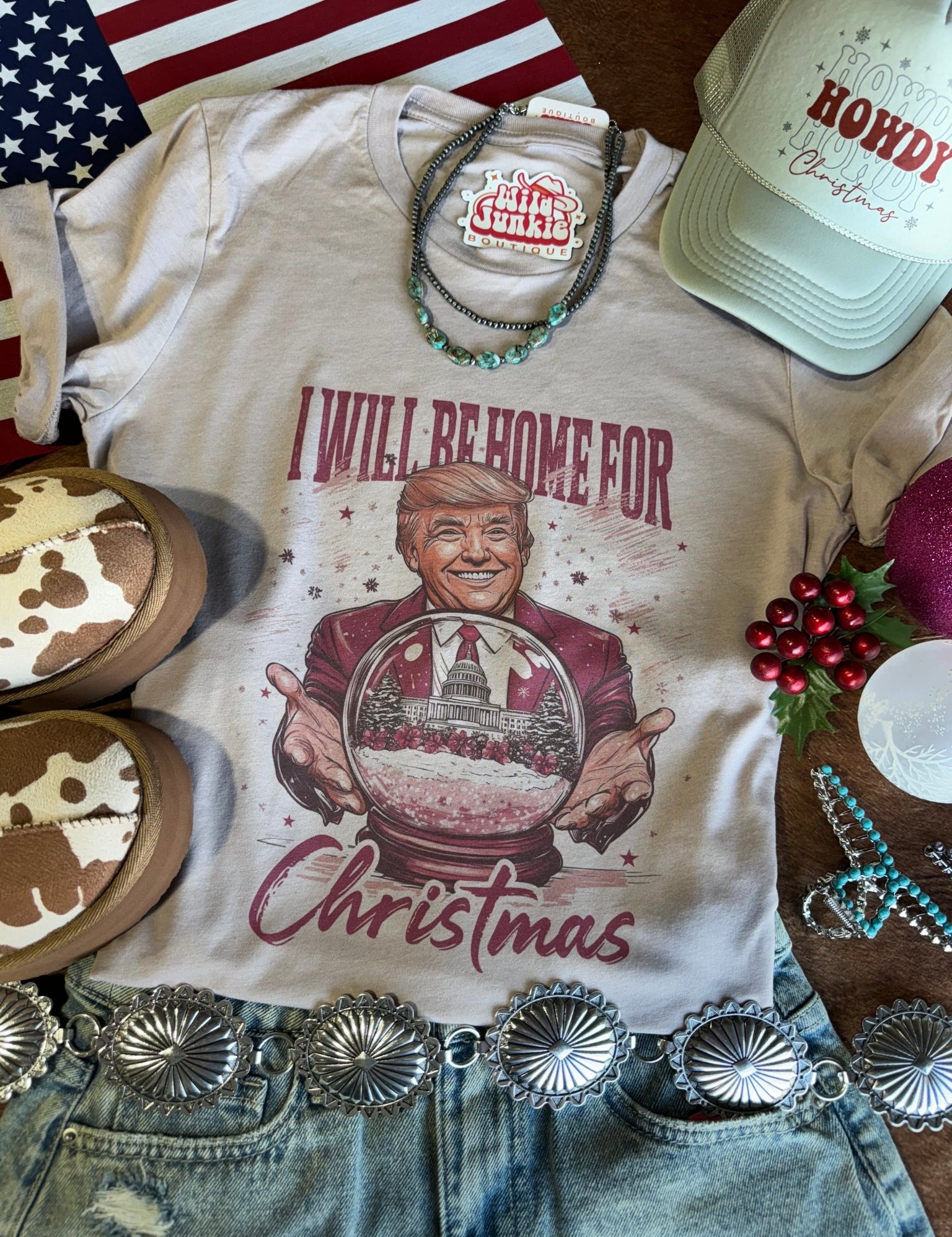 Snowglobe Home for Christmas Trump Graphic TeePink GravelS