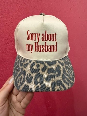 Sorry About My Husband Embroidered Leopard Trucker Hat