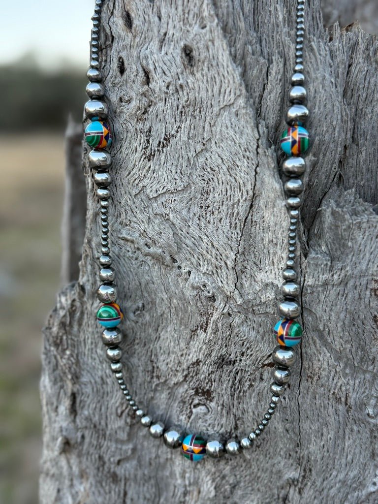 Southwestern Inlay Silver Beaded Necklace