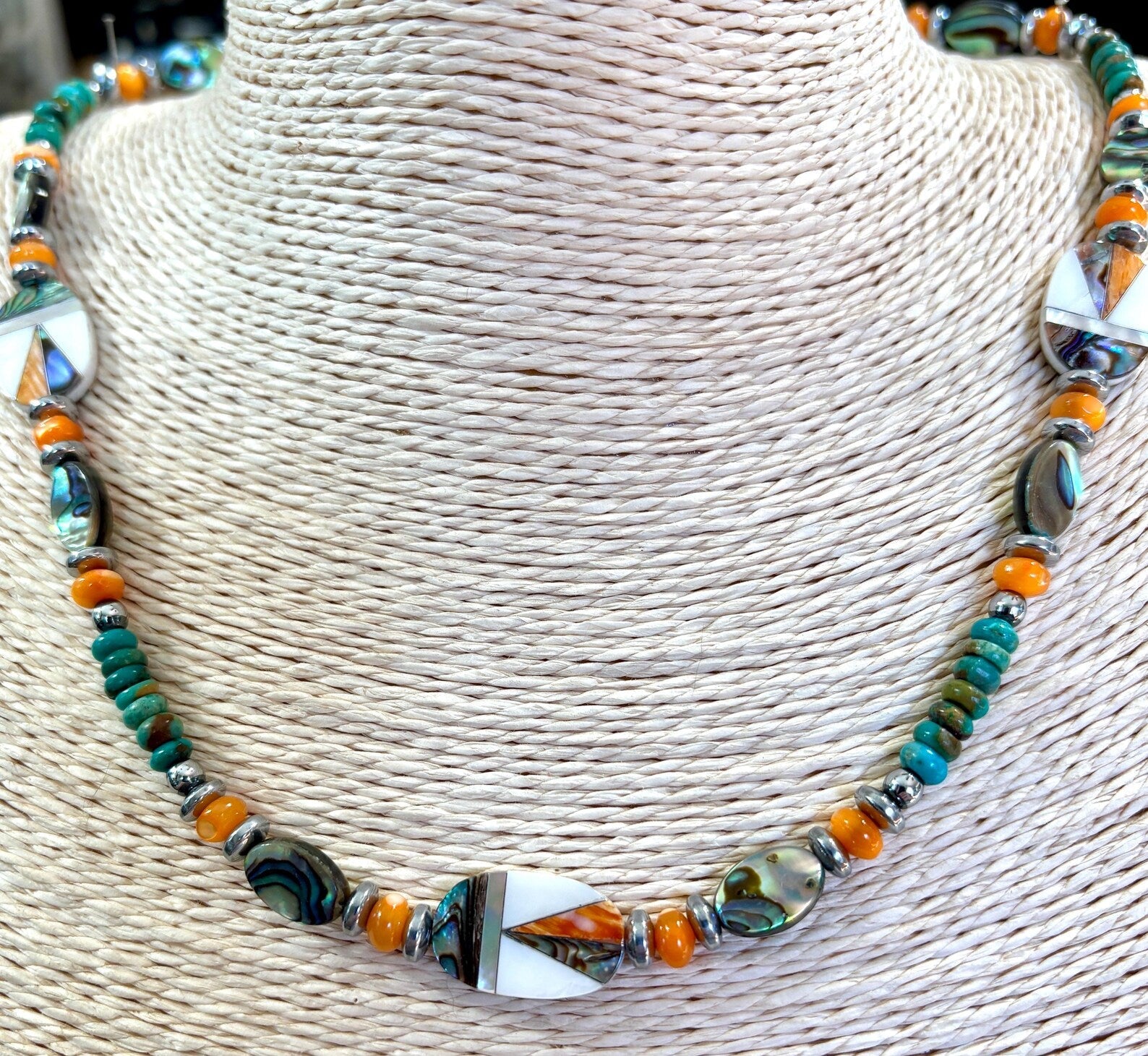 Spiny Oyster Inlay & Hematite Bead Necklace