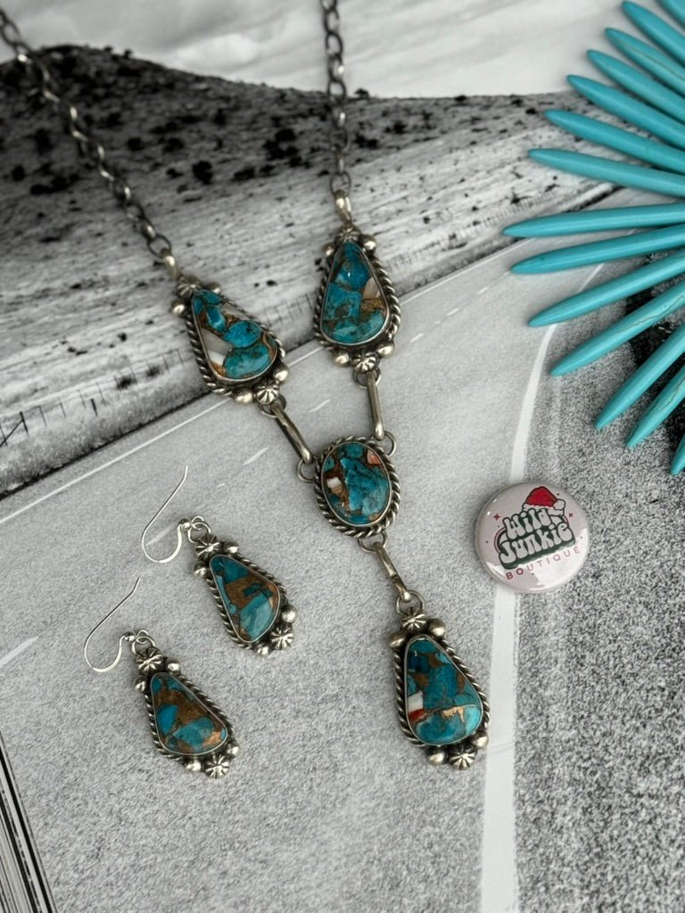 Spiny Turquoise Lariat Necklace And Earring Set