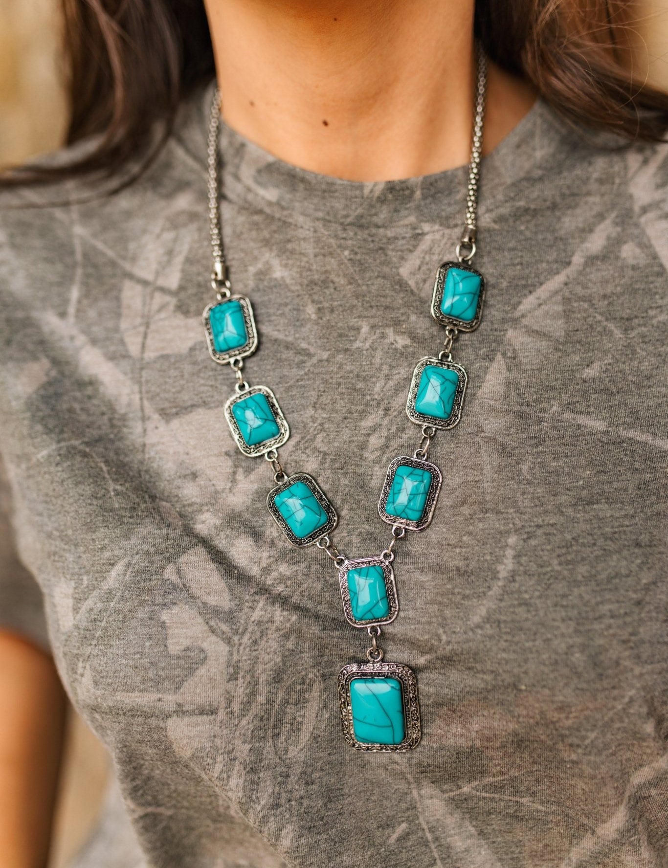 Square Turquoise Lariat Necklace