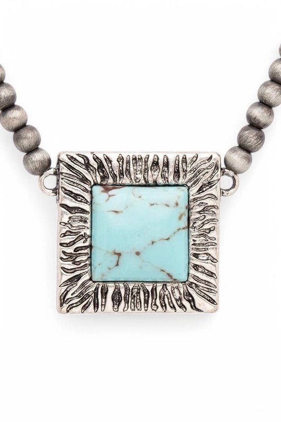 Square Turquoise Pendant Beaded Choker