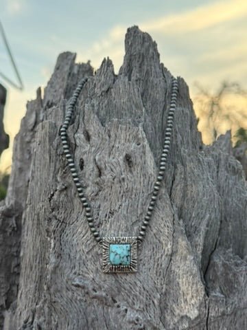 Square Turquoise Pendant Beaded Choker