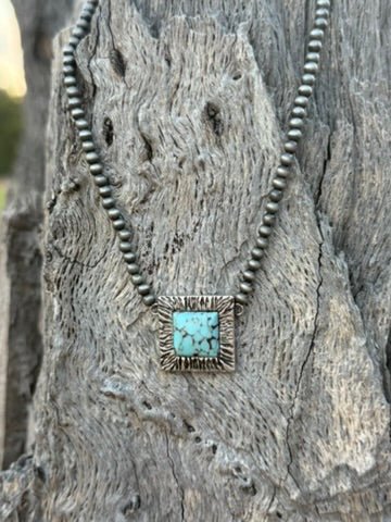 Square Turquoise Pendant Beaded Choker