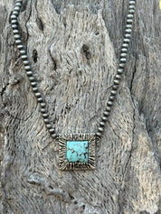 Square Turquoise Pendant Beaded Choker