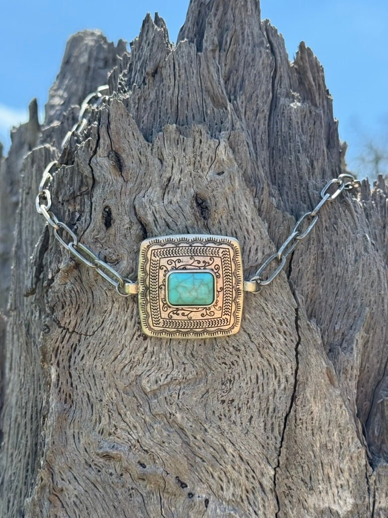 Square Turquoise Pendant Chain Necklace