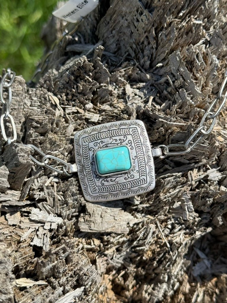 Square Turquoise Pendant Chain Necklace