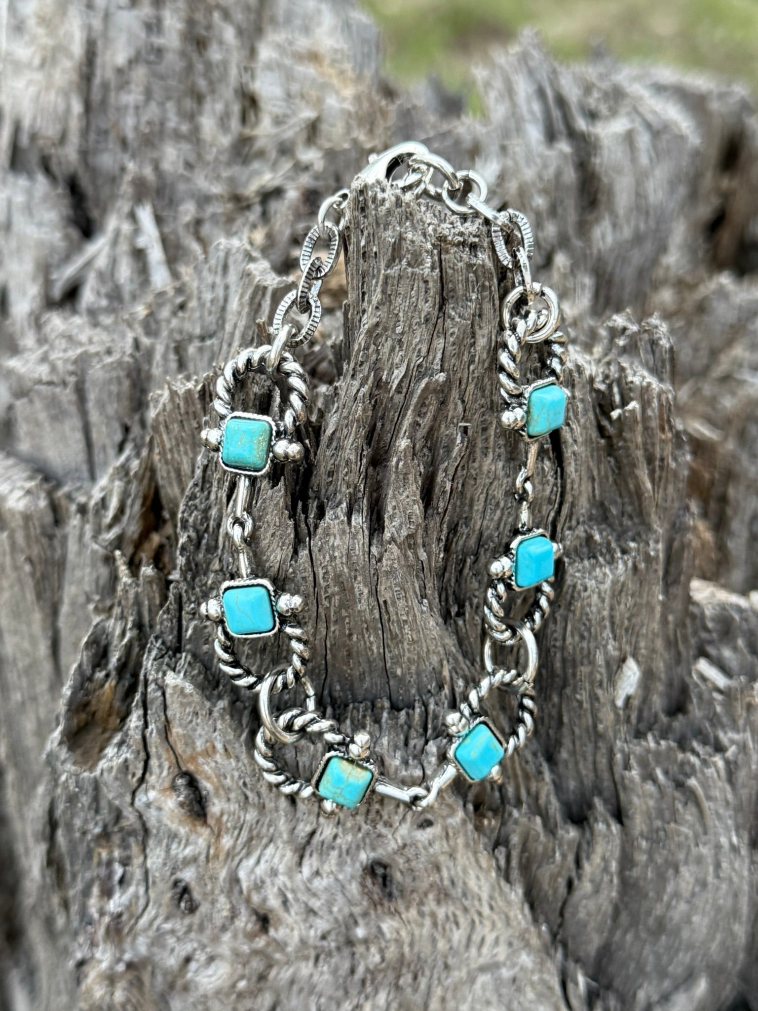 Square Turquoise Stone Chain Bracelet