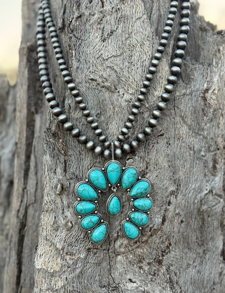 Squash Blossom Turquoise Pearl Necklace