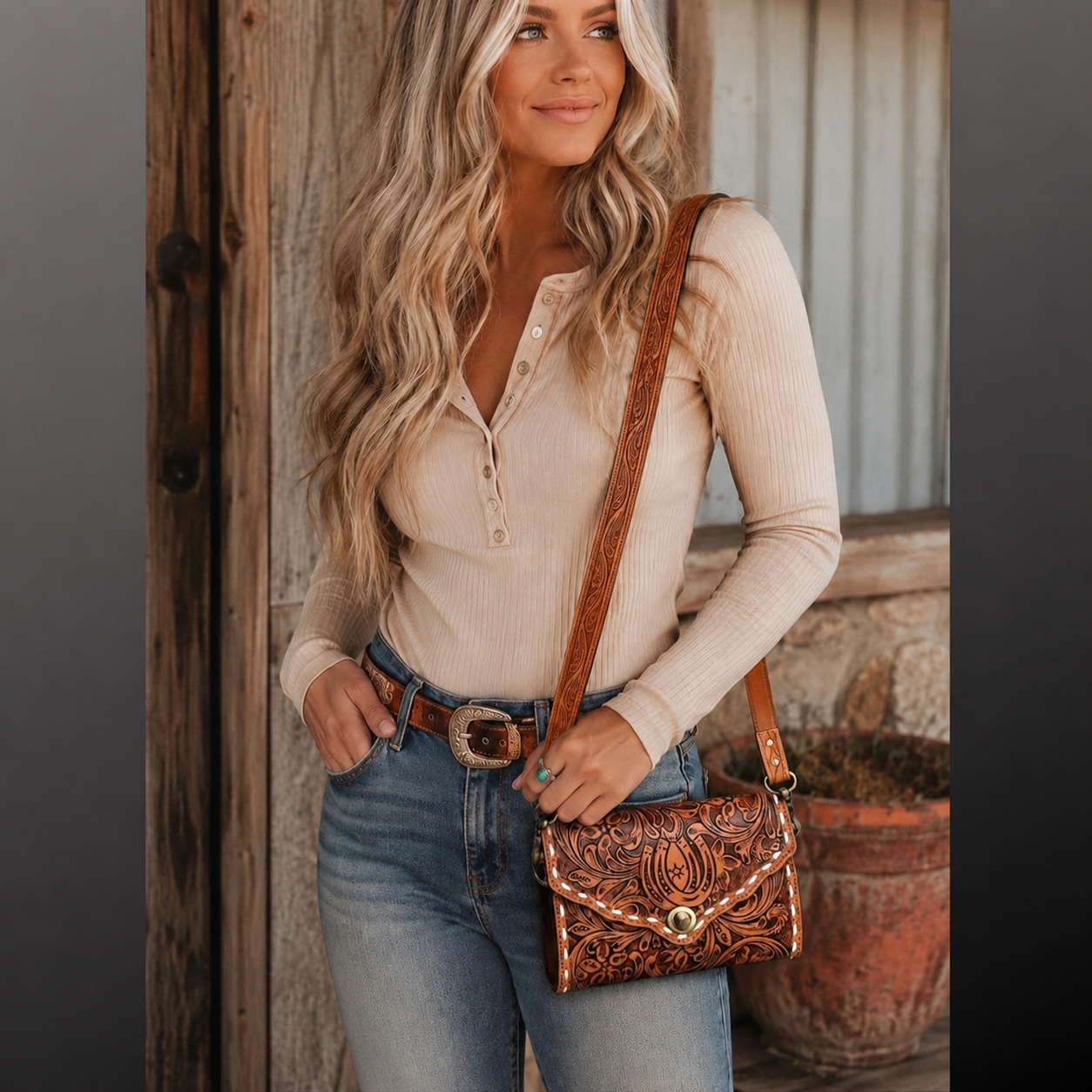 Floral Horseshoe Tooled Leather Crossbody Bag