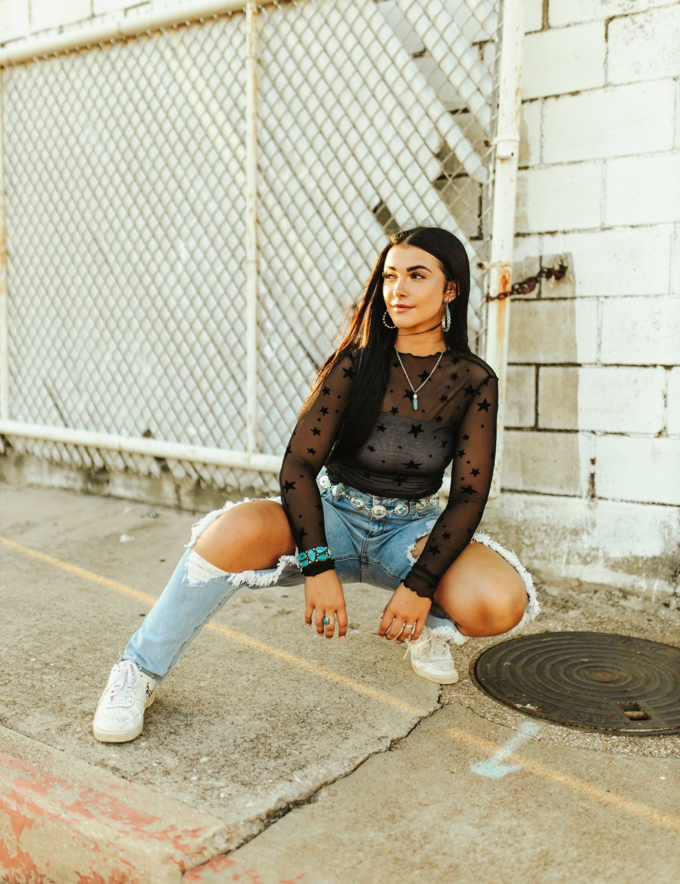 Star Printed Long Sleeve Mesh Top - BlackS