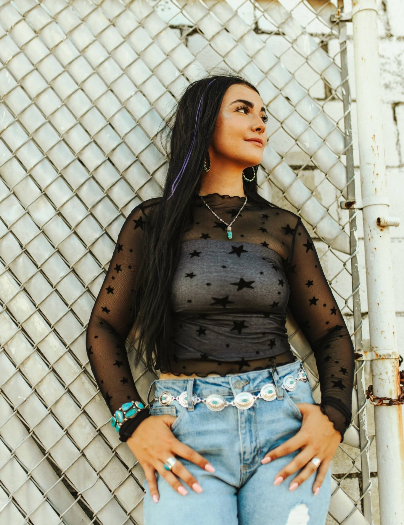 Star Printed Long Sleeve Mesh Top - BlackS